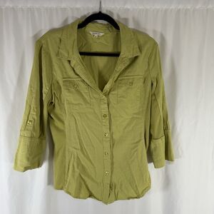 Cavalini Linen Blend Blouse Women's Medium Green Botton Front Vneck Collared